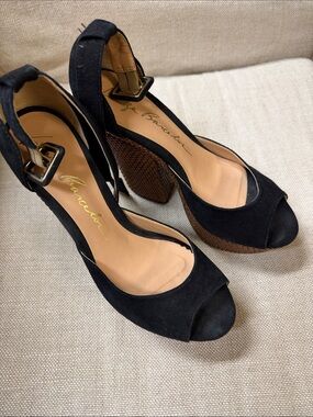 Black Suede Peep-Toe Block Heel Sandals with Ankle Buckle